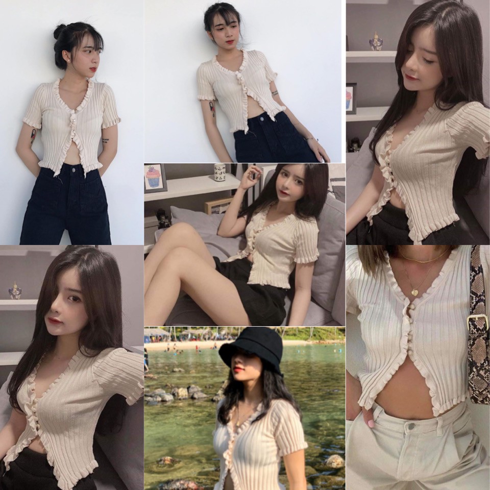 Áo croptop Never Stop nút áo kiểu gài 1 nửa khoe vòng eo hàng nhập quảng châu chất len gân co giãn dễ mix kèm ảnh thật