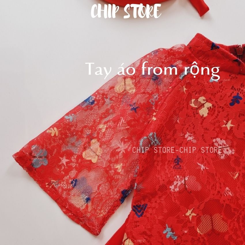 Áo dài mẹ bé cách tân CHIP STORE Thân áo ren đỏ cao cấp phối chân váy xòe bồng bềnh như công chúa