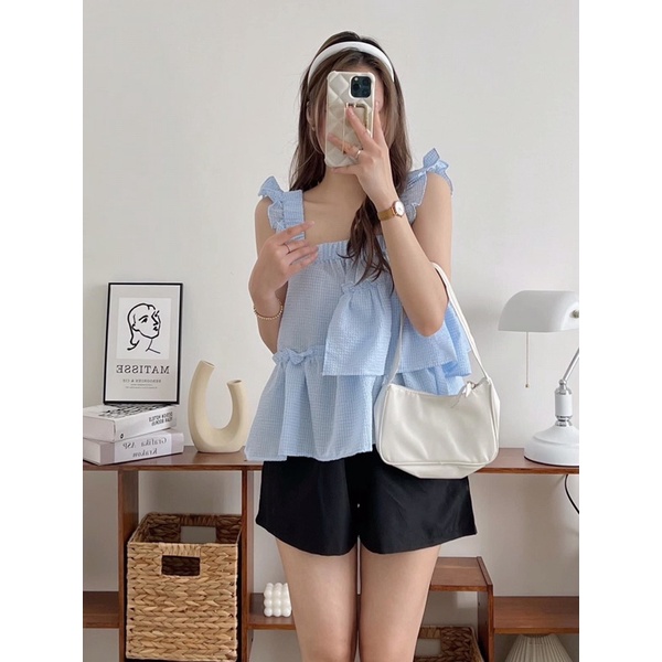 [Ảnh thật/Video] Set babydoll kẻ 058 Mới gồm áo 2s bản to và quần đen xinh xắn