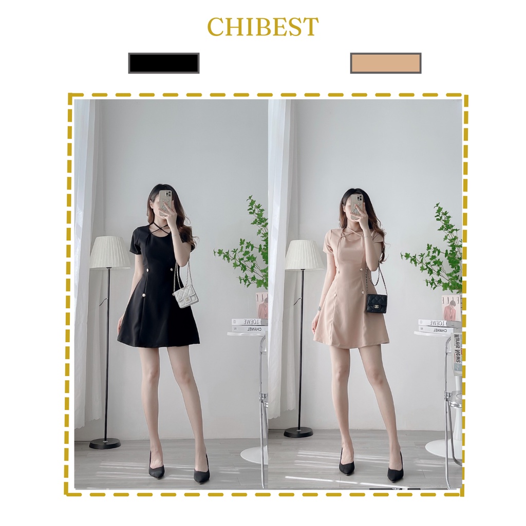 Đầm chữ A chéo dây 4 nút dáng xòe tiểu thư CHIBEST ADB816