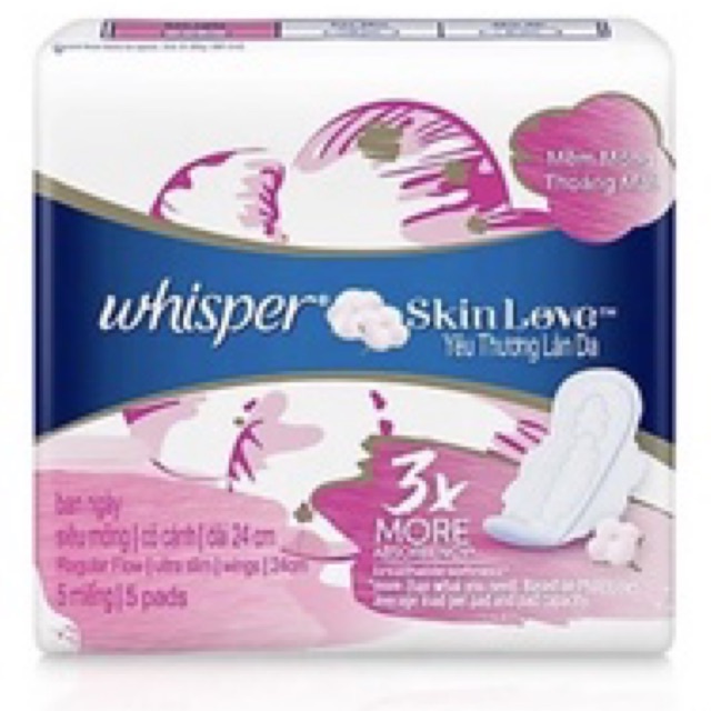 Combo 6 Băng Vệ Sinh Whisper SkinLove Siêu Mỏng Có Cánh Ngày Vừa 24cm (Gói 5 Miếng)
