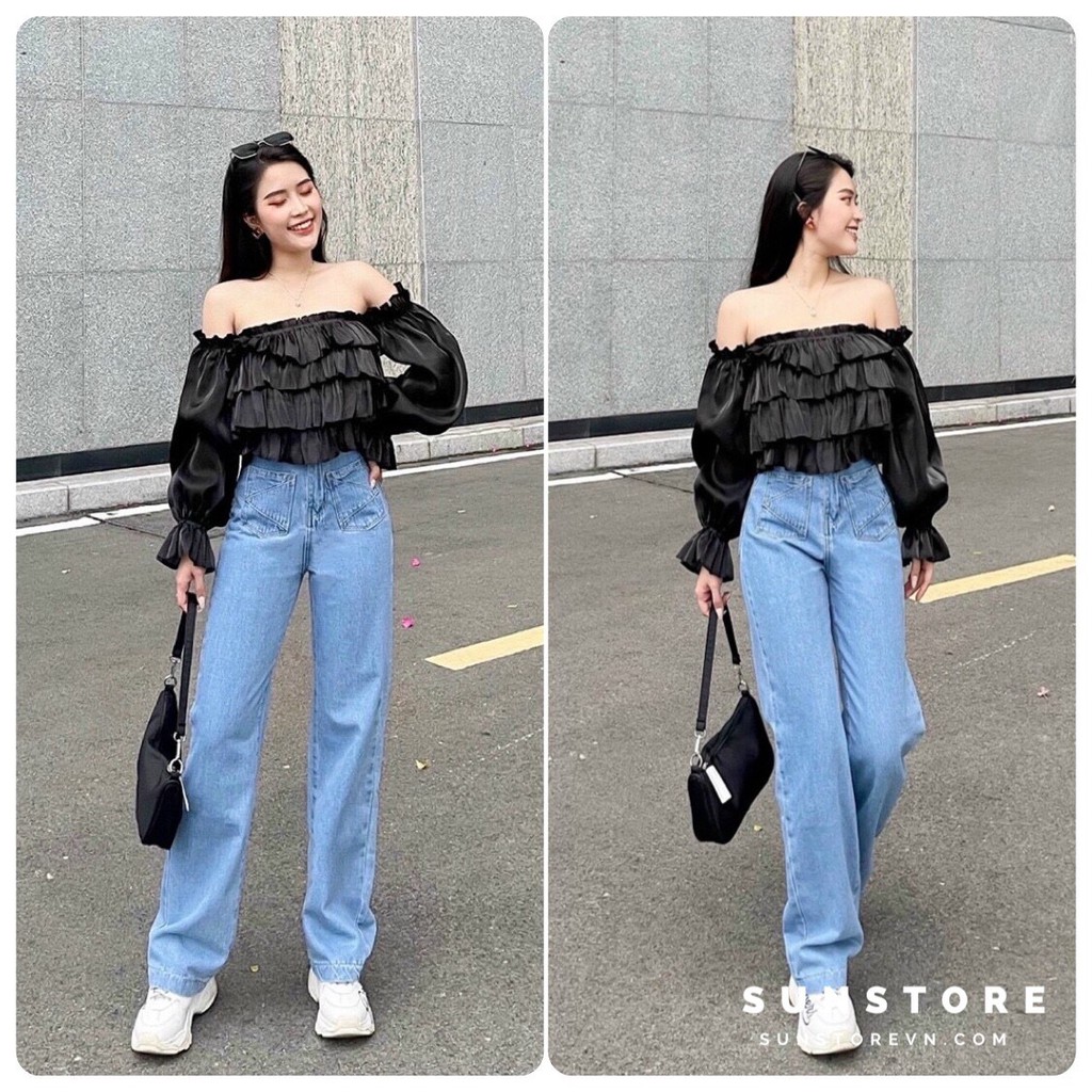 Quần jeans culottes form suông dài 2 túi trước 2 màu đen và xanh denim Jeme Jeans