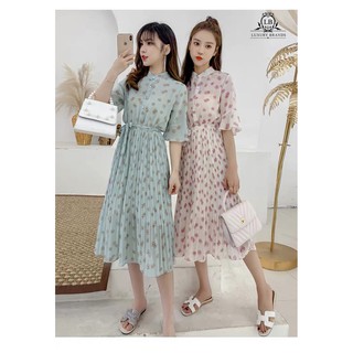 Đầm váy dài hoa nhí dáng xòe cổ tàu cúc ngực chiết eo đai nơ lưng xếp ly hot