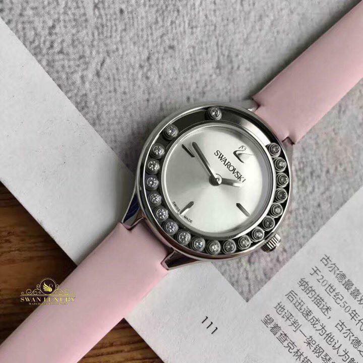 Đồng hồ nữ Swarovski Lovely - phiên bản đá chạy - Máy Quartz Swiss Made - Kính Khoáng - Dây da màu hồng