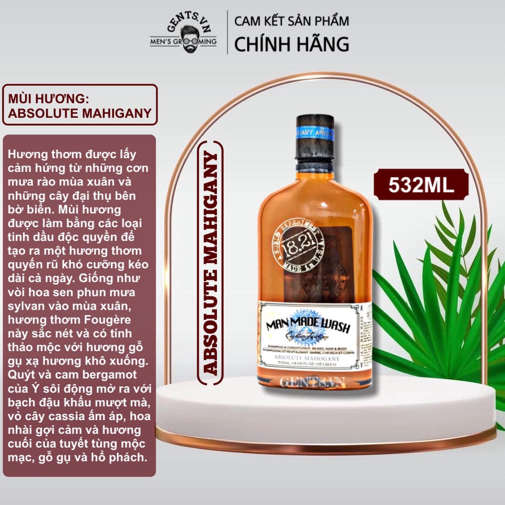 Sữa tắm, dầu gội xả 3in1 cho nam 18.21 Man Made Wash Absolute Mahogany 532ml/950ml hương nước hoa thơm lâu