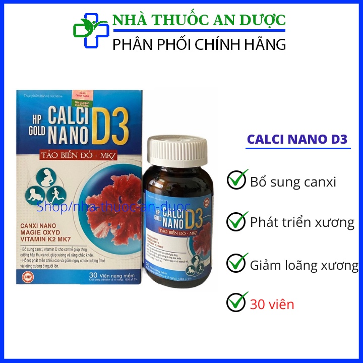 Calci Nano D3 Tảo Biển Đỏ K2 Bổ sung canxi, chống còi xương ở trẻ em, loãng xương thoái hóa ở người lớn hộp 30 viên