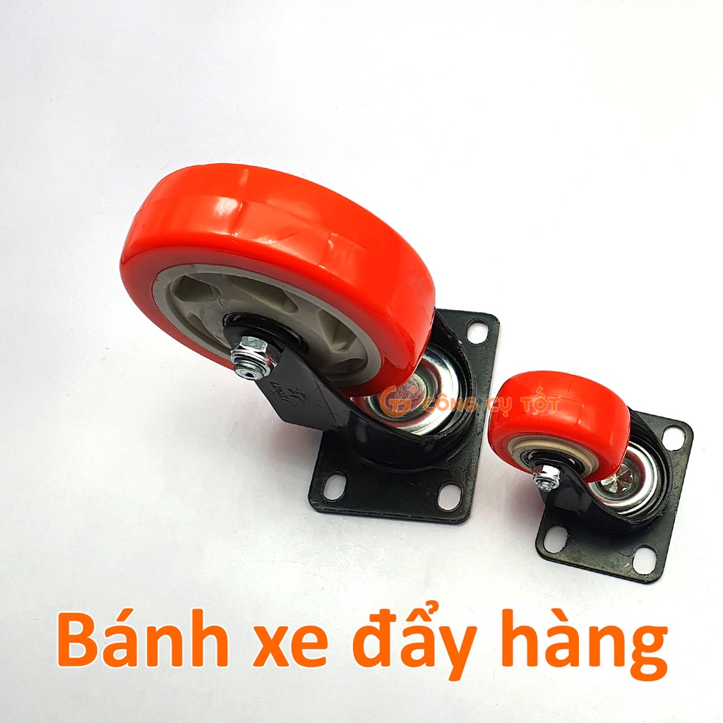 Bánh xe đẩy mặt đế xoay càng sắt tải trọng 80kg lốp nhựa PU cam trắng rộng 32mm Φ100mm