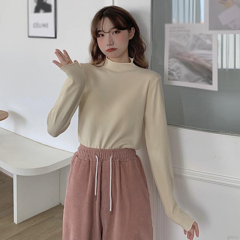 Áo thun tay dài cổ lọ màu trơn đơn giản thời trang hàn quốc cho nữ