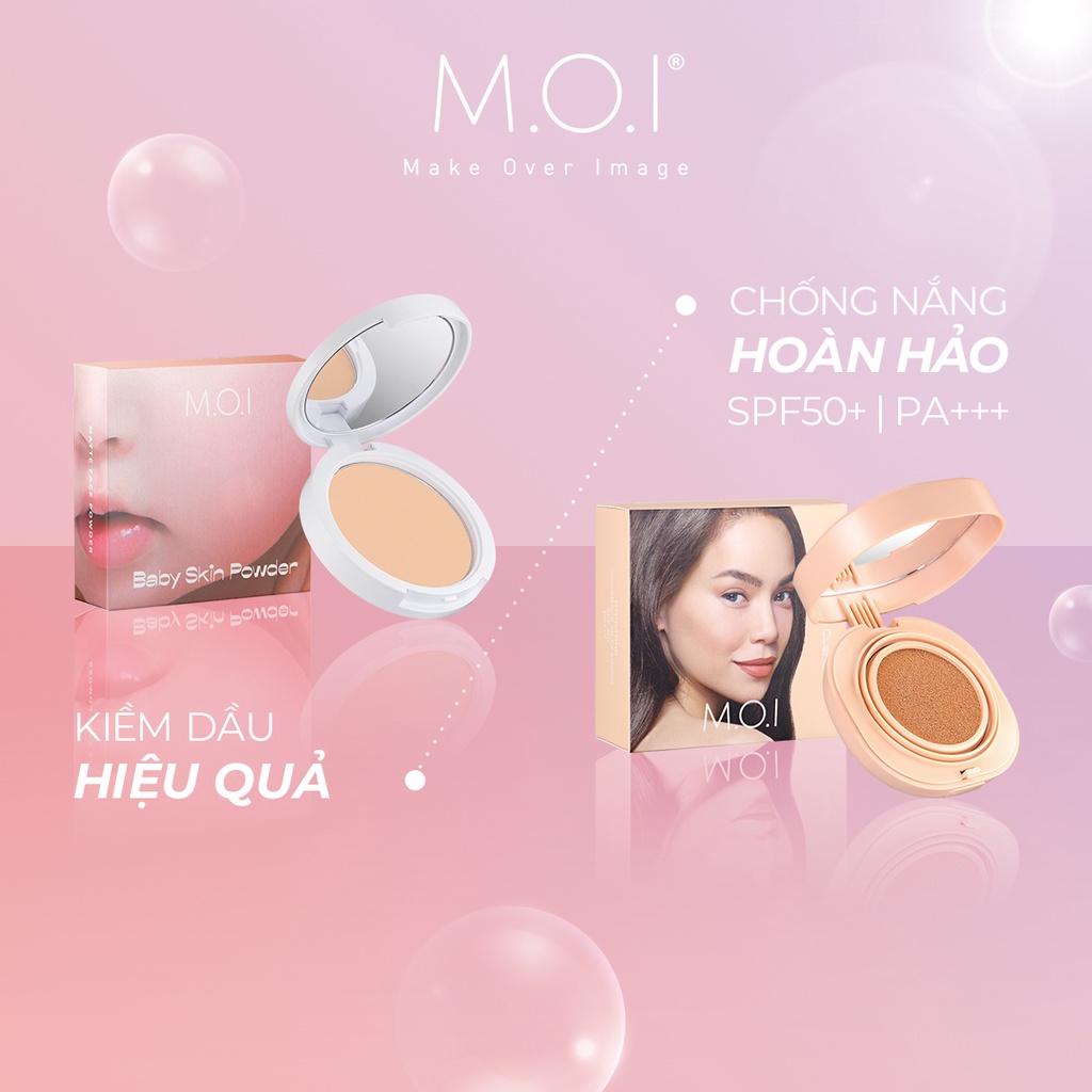 Combo Phấn Nước Trang Điểm M.O.I Kiềm Dầu Chống Nắng Baby Skin Cushion 90g và Phấn Phủ M.O.I Kiềm Dầu Kháng Nước 10g