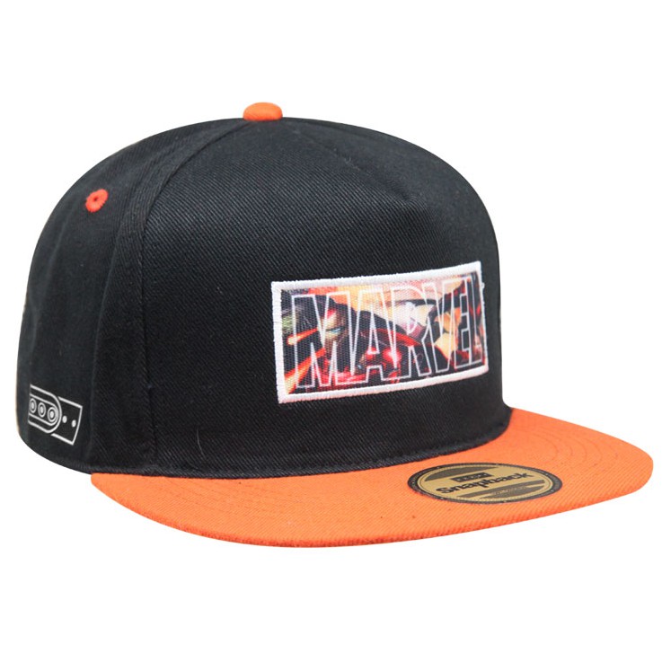 Nón Snapback Họa Tiết Marvel Cam Đen