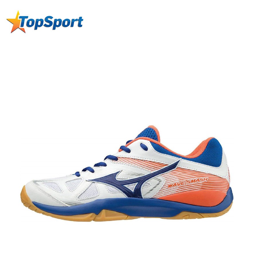 Giày cầu lông Mizuno Wave Smash 71GA196027 thương hiệu Nhật Bản màu trắng viền cam