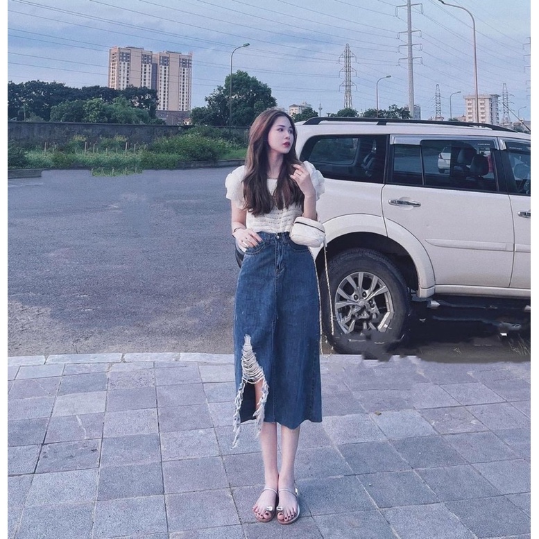 CHÂN VÁY JEANS NỮ DÁNG DÀI RÁCH QC L1 MS27991