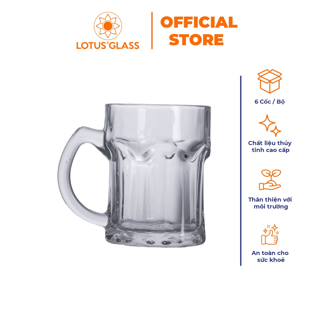 Bộ 6 cốc uống bia thủy tinh LOTUS GLASS VTC93 trong suốt có quai cao cấp, an toàn