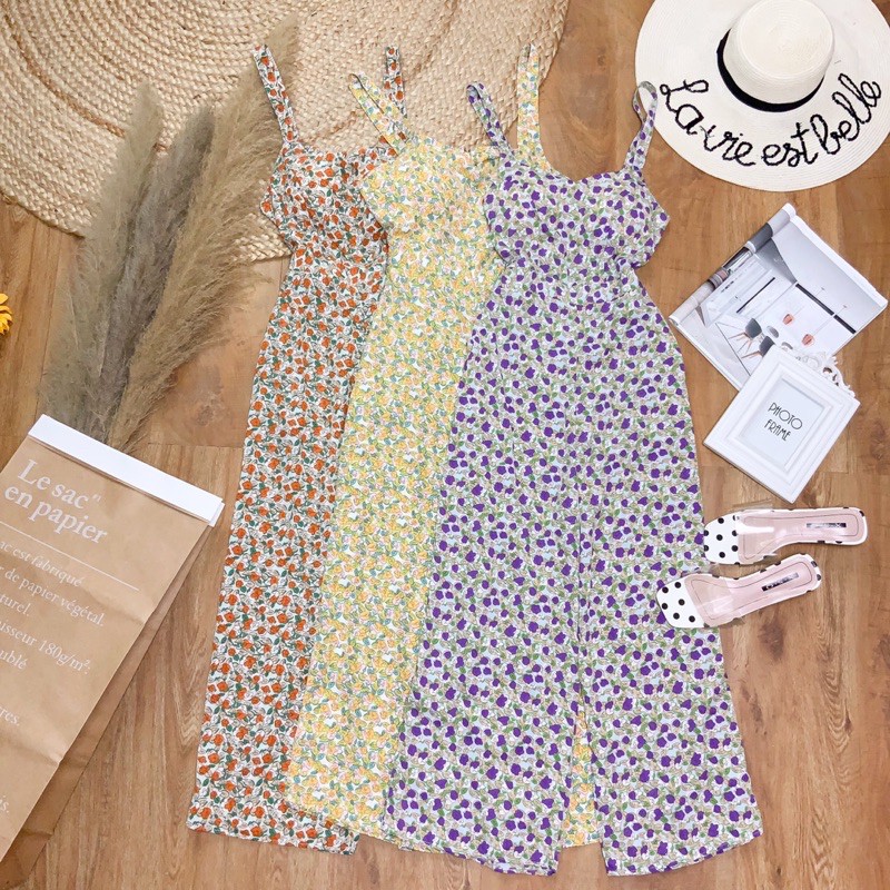 Jumpsuit dài suông hoa nhí 2 dây phối nơ búi lưng kèm mút ngực