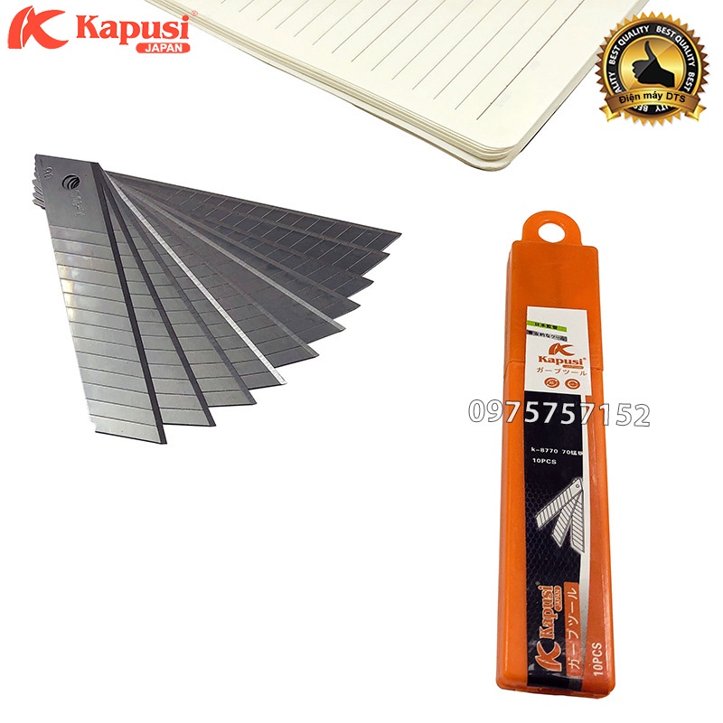 Bộ 10 lưỡi dao rọc đa năng thép Nhật Kapusi JAPAN 18mm, lưỡi dao rọc giấy, cắt thùng bìa carton, rọc băng dính