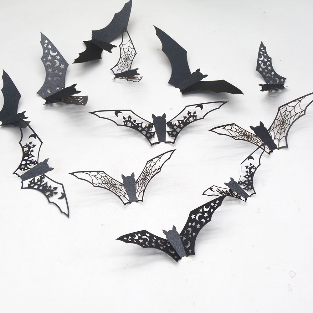Set 12 Sticker Dán Tường / Cửa Sổ Trang Trí Hình Dơi Đen 3D DIY