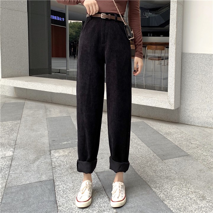 Quần BAGGY NHUNG GÂN màu đen Basic phong cách Ulzzang