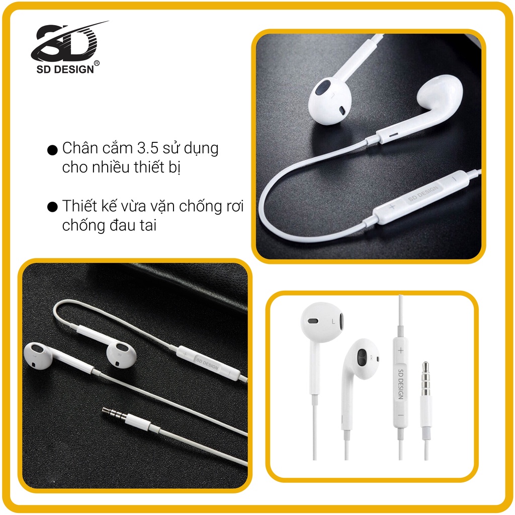 Tai nghe dây nhét tai H6 chính hãng SD Design dùng cho dòng điện thoại jack 3.5mm,có mic bảo hành Chính Hãng 1 đổi 1