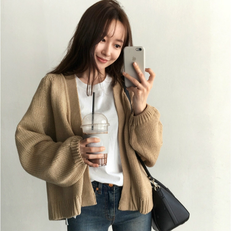 Áo khoác cardigan dệt kim dáng rộng màu trơn phong cách mùa thu cho nữ