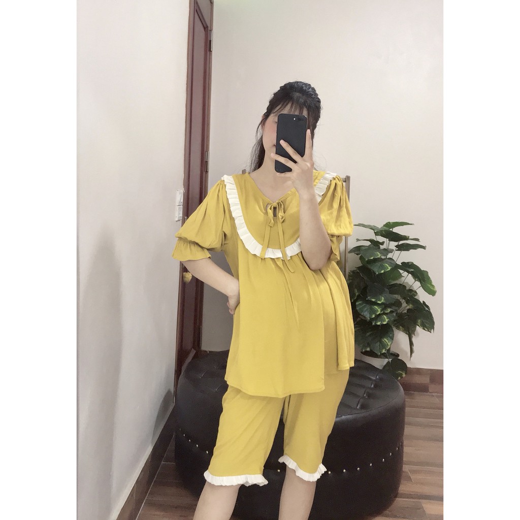 Đồ bộ bầu sau sinh mặc nhà mùa hè thiết kế dáng lửng - Thương hiệu: Anna - Chất liệu: đũi trơn, cotton, V110