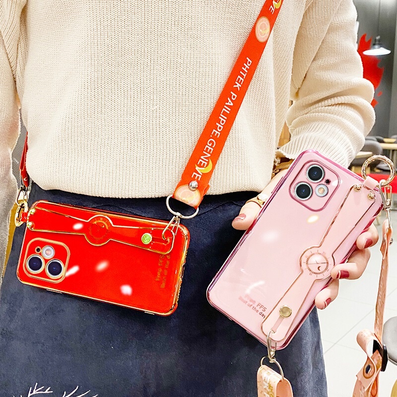 Ốp Điện Thoại Dẻo Đính Đá Sang Trọng Kèm Dây Đeo Cổ Cho iPhone 11 12 13 Pro Max case 7 Plus 6 Plus 7 8 6S Plus X XS XR Max