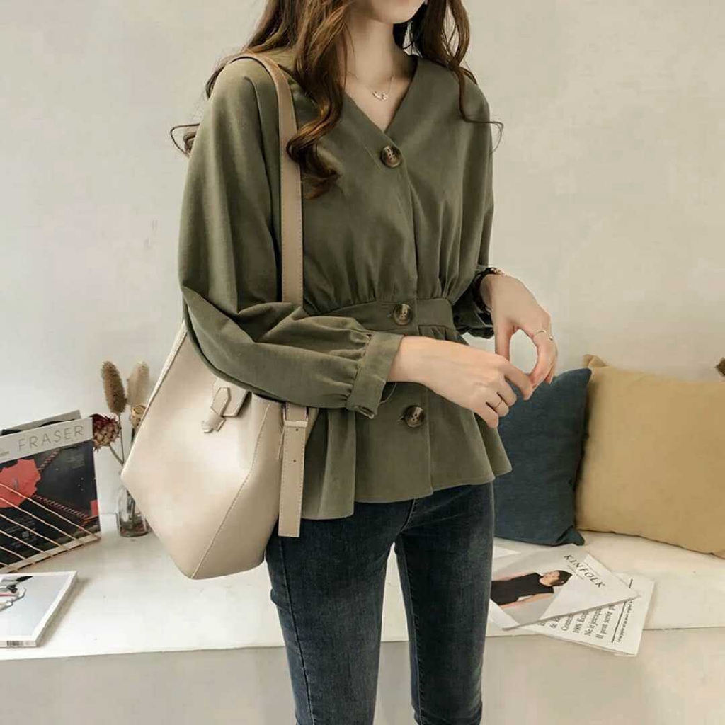 Áo sơ mi nữ tay dài cổ chữ V phong cách Hàn Quốc