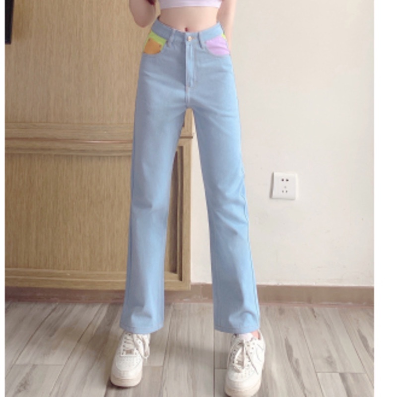 Quần Jean Phối Màu Tương Phản Thời Trang 153023 Quần Dài Lưng Cao Ống Rộng Màu Sắc Sáng Phong Cách Retro Dễ Phối Đồ