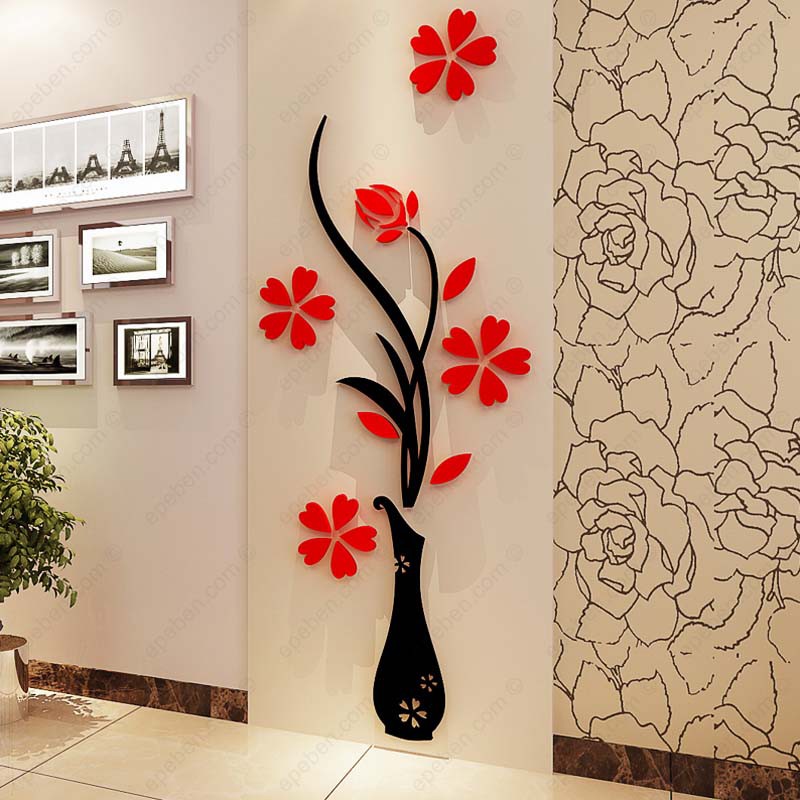 Tranh dán tường mica 3d decor khổ lớn bình hoa mận nở trang trí phòng khách, phòng ngủ, phòng cưới