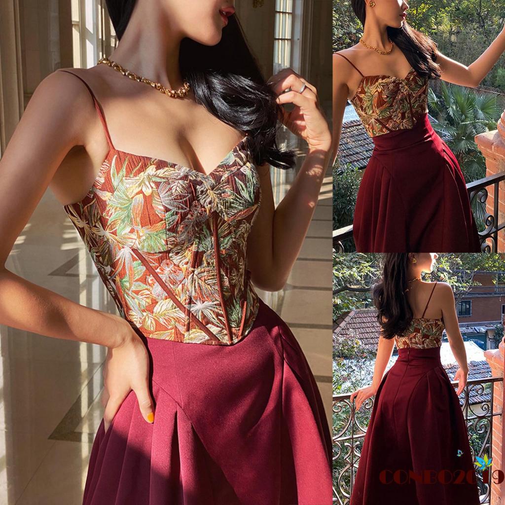 HGM-Women Retro Style Bodycon Camisole, Caramel Leaves Jacquard Pattern Spaghetti Strap Tank Tops