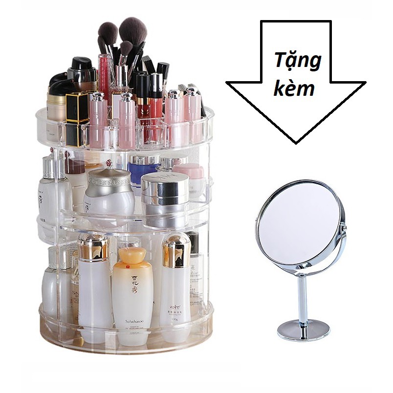 Kệ mỹ phẩm trong suốt xoay 360 độ loại LỚN + tặng kèm gương tròn trang điểm 2 mặt để bàn