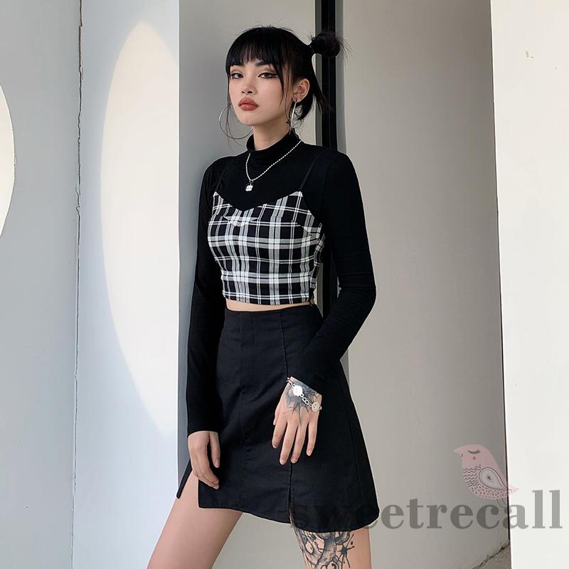 [Mã FADIRECT20 giảm 20K đơn 150K] Set áo croptop tay dài cổ lọ và áo hai dây họa tiết ca rô dành cho nữ