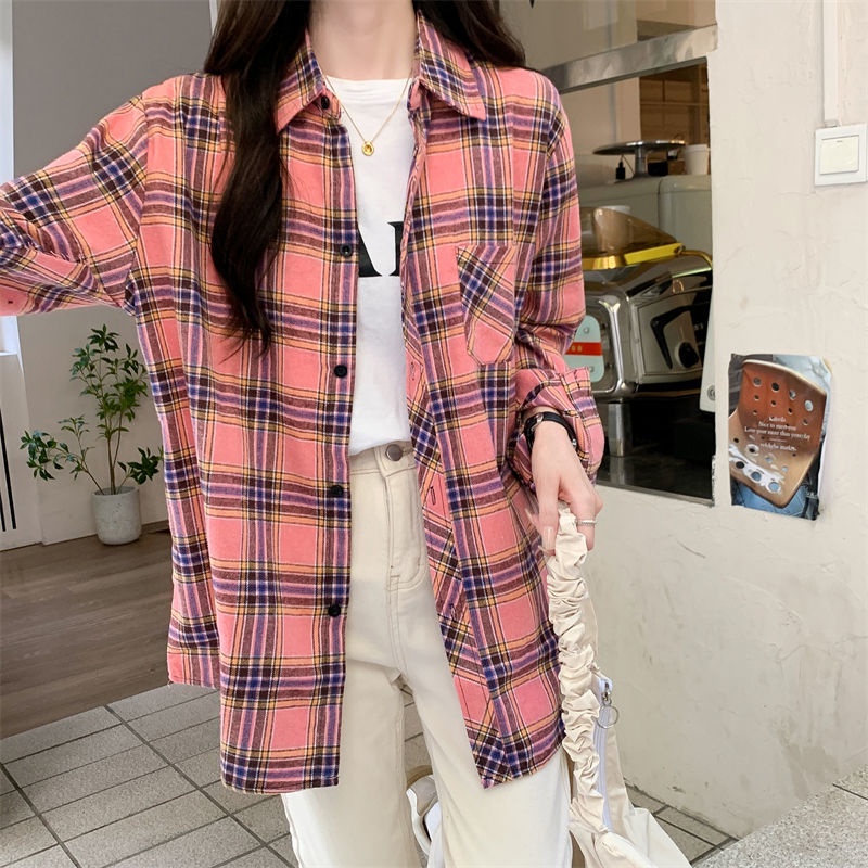 Áo Sơ Mi Caro Tay Dài Dáng Rộng Phong Cách retro Hàn Quốc Cho Nữ
