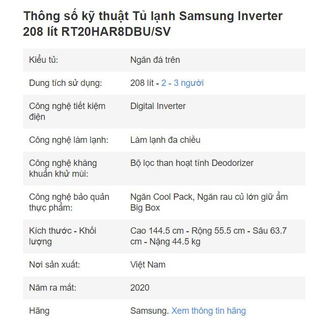 Tủ lạnh Samsung Inverter 208 lít RT20HAR8DBU/SV 2020