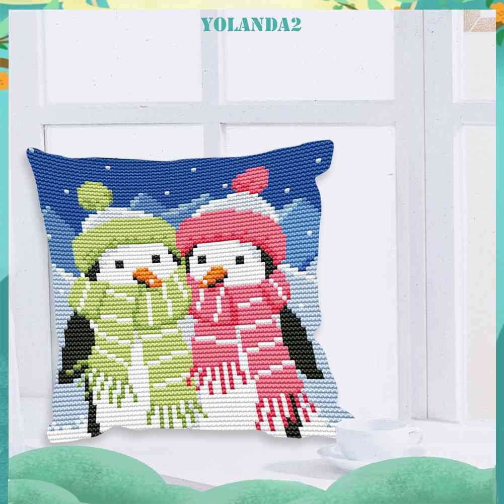 Vỏ Gối Thêu Chữ Thập DIY 11CT Hình Chim Cánh Cụt Xinh Xắn