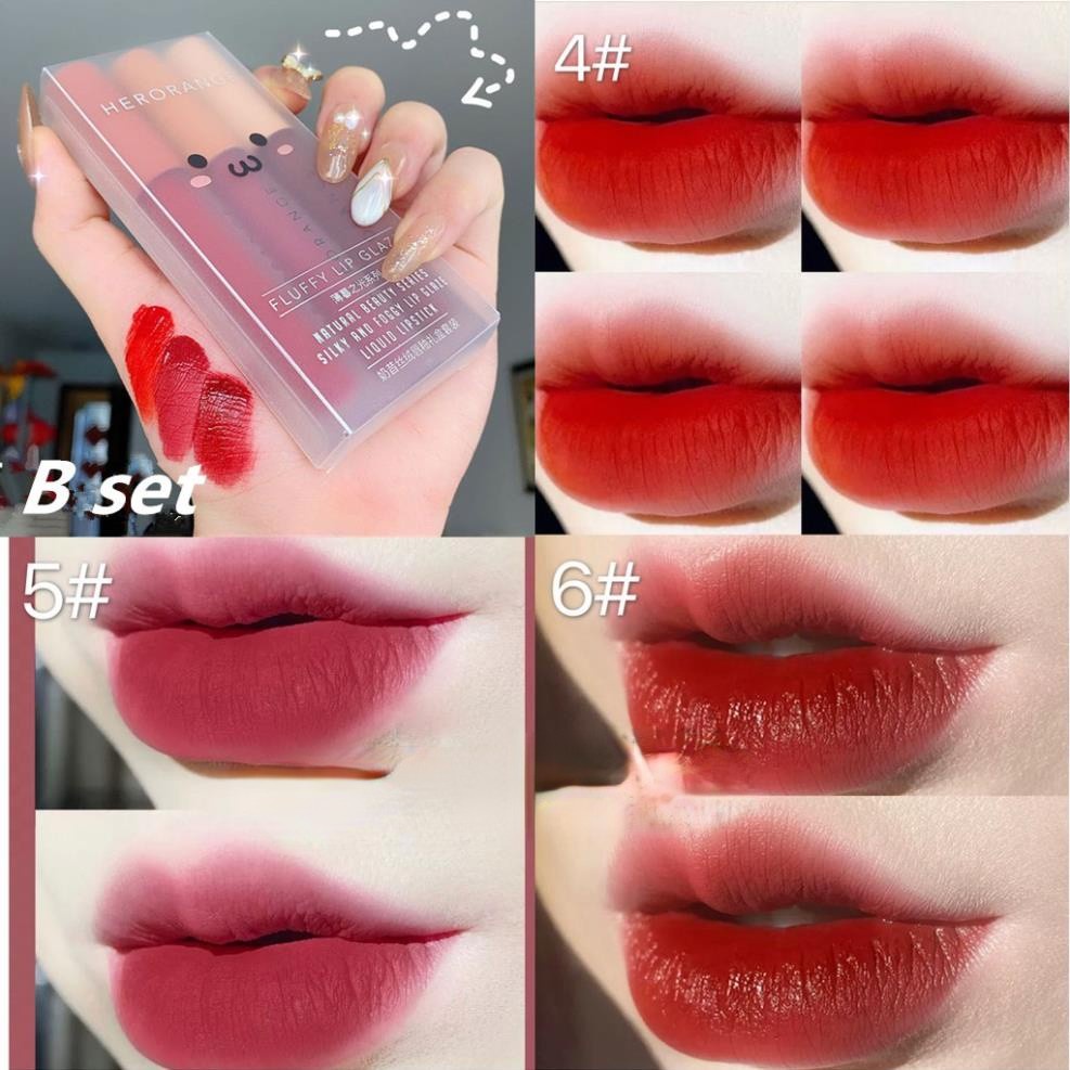 Son nội địa trung quốc 💕𝑭𝒓𝒆𝒆𝒔𝒉𝒊𝒑💕 Set 3 cây kem lì Herorange Fluffy Lip Glaze dưỡng môi chính hãng có màu A&B. | BigBuy360 - bigbuy360.vn