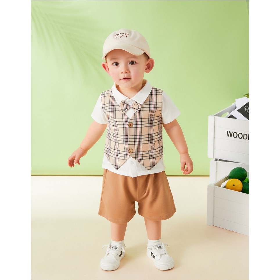 Bộ công tử bé trai Mario Store bộ cotton cộc tay cho bé cổ thắt nơ hàng xuất khẩu