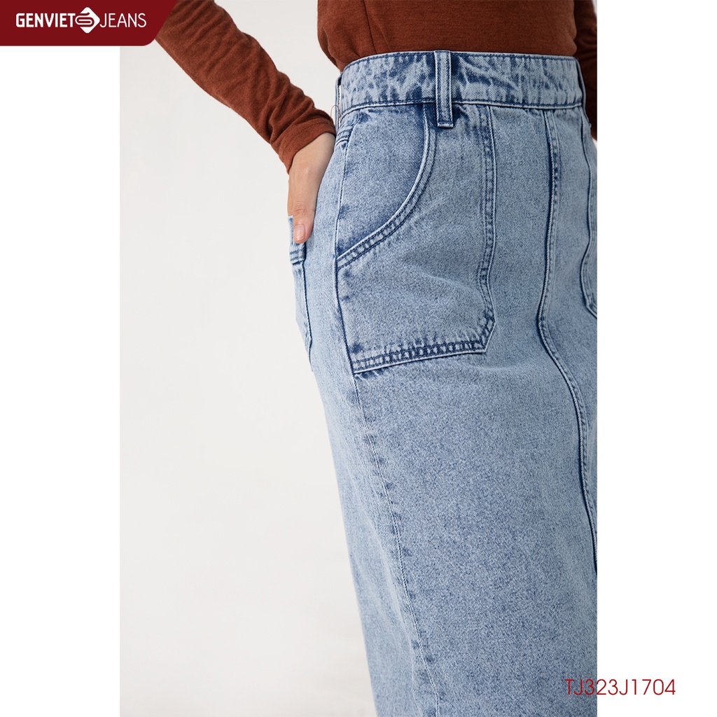 Chân Váy Jeans Xẻ Cạnh Cạp Cao Juyp Nữ Genviet Hai Túi Trước Jean Mềm Chất Lượng Quốc Tế TJ323J1704