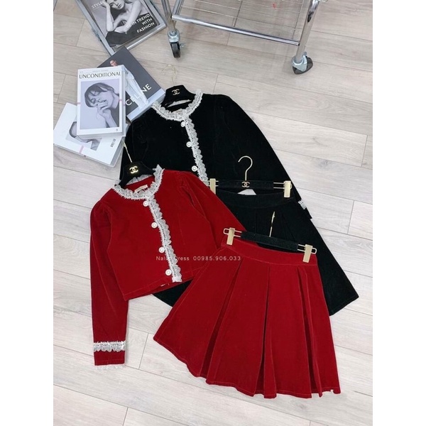 H1- set 2 món nhung , chân váy xoè, áo viền ren nhọn