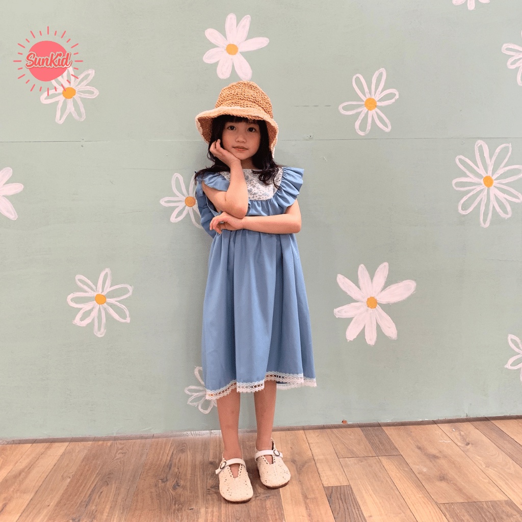 Váy đầm dáng suông cổ viền ren vải trượt chéo cao cấp mùa hè Sunkid SN7 màu xanh, hồng cho bé gái 4-12 tuổi – SunKid >>> top1shop >>> shopee.vn