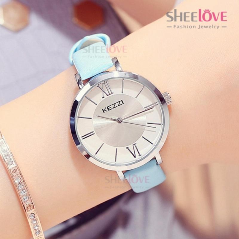 Đồng hồ KEZZI nữ Cao cấp mặt tròn chữ số La Mã phá cách dây da trơn nhiều màu phong cách thanh lịch