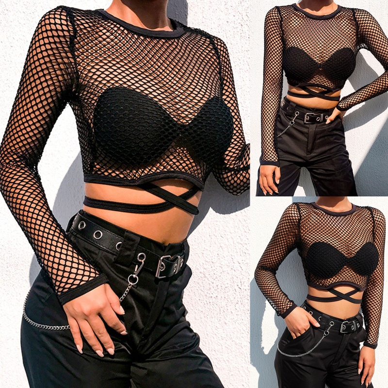 Áo Croptop Lưới Tay Dài Thiết Kế Dây Đan Chéo Sau Lưng Phong Cách Quyến Rũ