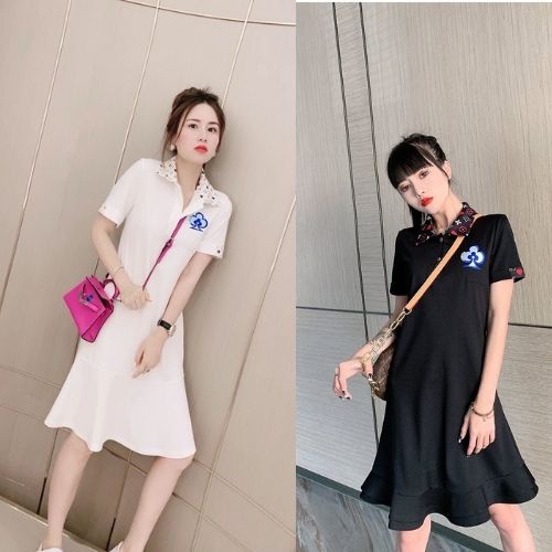Đầm Thun Dáng Ôm Đuôi Cá Xinh Xắn Cổ Sơ Mi Viền Họa Tiết Thương Hiệu Hàng Nhập Quảng Châu Cao Cấp