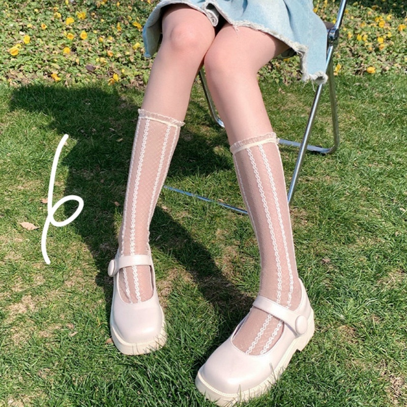Xixi Tất Chân Phối Ren Mỏng Họa Tiết Kẻ Sọc Phong Cách Lolita Nhật Bản Cho Nữ