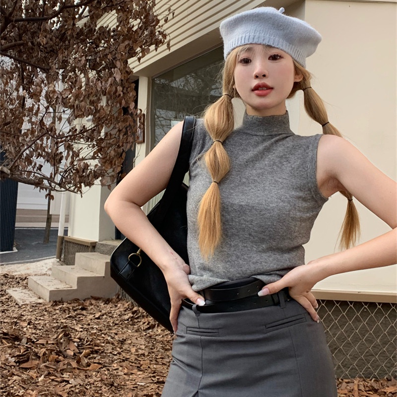 Áo Dệt Kim Sát Nách Cổ Cao Thời Trang Mùa Thu Cho Nữ