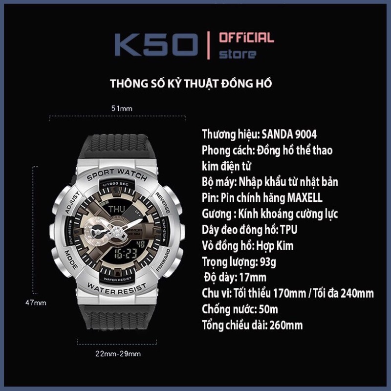 Đồng hồ thể thao Nam nữ unisex Sanda 9004 phiên bản đặc biệt hợp kim full box chính hãng