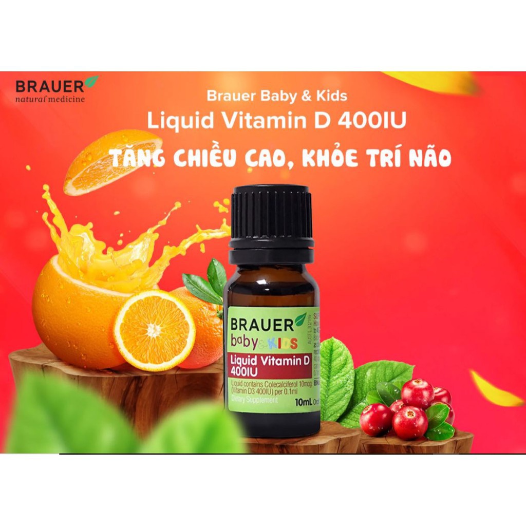 Thực phẩm bảo vệ sức khỏe bổ sung Vitamin D Brauer Liquid Vitamin D 400IU (10ml)