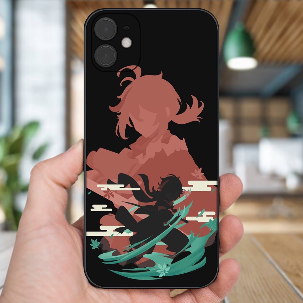 Ốp lưng iPhone 11 dẻo đen cạnh vuông in hình Kazuha Genshin Impact