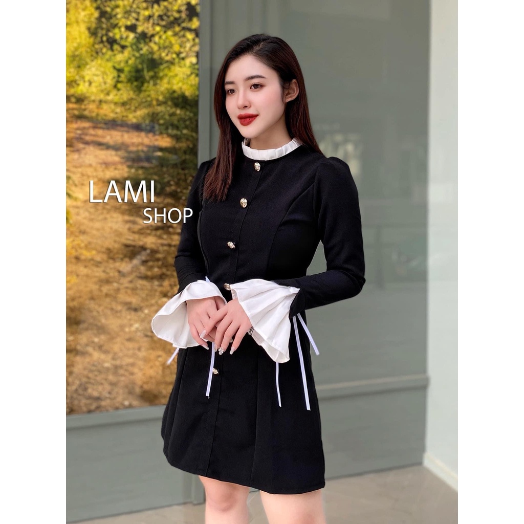 Đầm váy nữ tay dài phối bèo, cổ tròn đính nút form dáng xòe sang chảnh dành cho các nàng đi dự tiệc, dạo phố | BigBuy360 - bigbuy360.vn