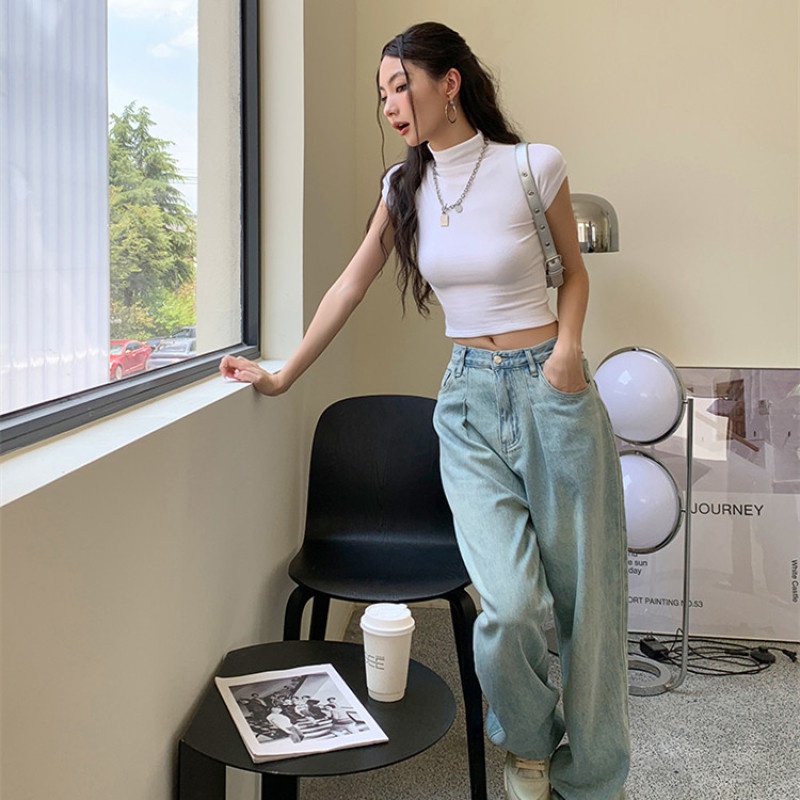 Áo Croptop Tay Ngắn Cổ Cao Thiết Kế Ôm Sát Tôn Dáng