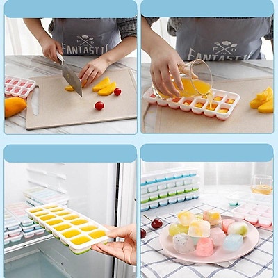 Sỉ 16k-Khay Đá Có Nắp Đậy Silicon 14 Viên, Khay Đựng Đá Tủ Lạnh, Làm Đá Thạch Kem Bảo Quản Chống Mùi Tuyệt Đối